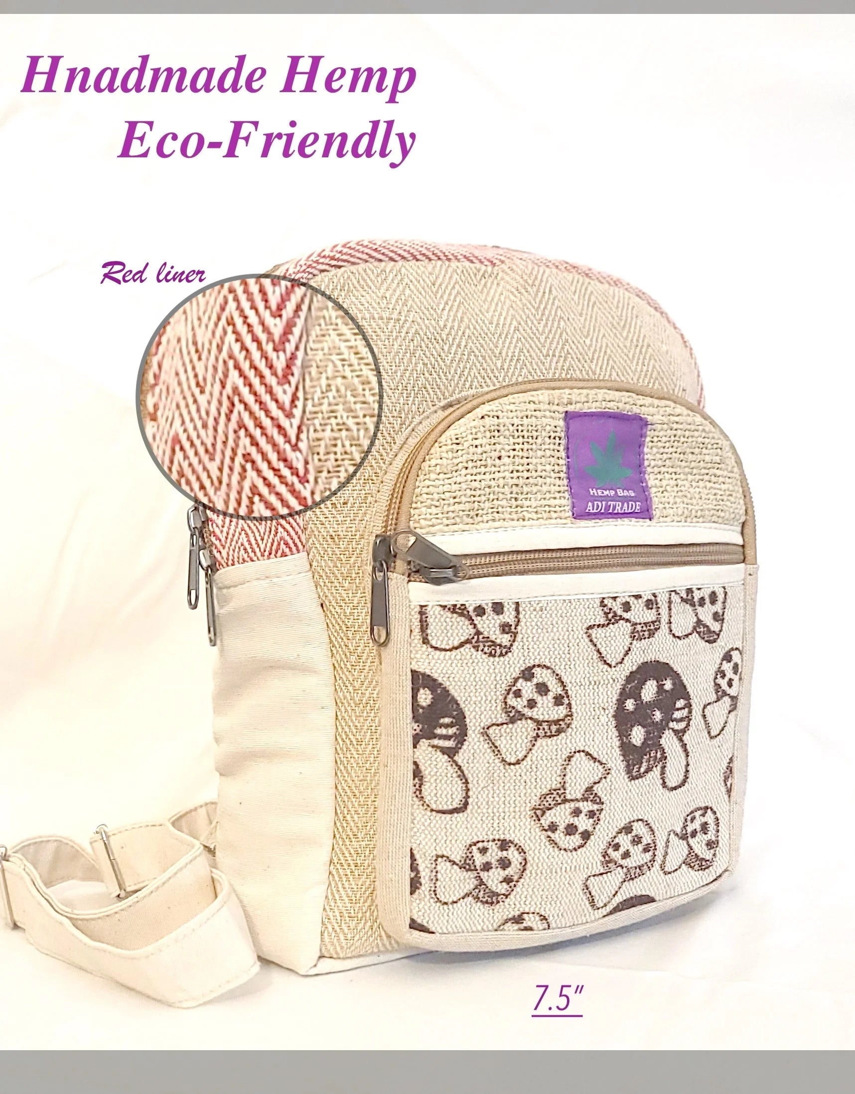 Natural Handmade Mini Hemp Backpack, Eco-Friendly Stylish Unisex Casual Backpack for Hiking, Traveling and Many More (Mushroom Red)