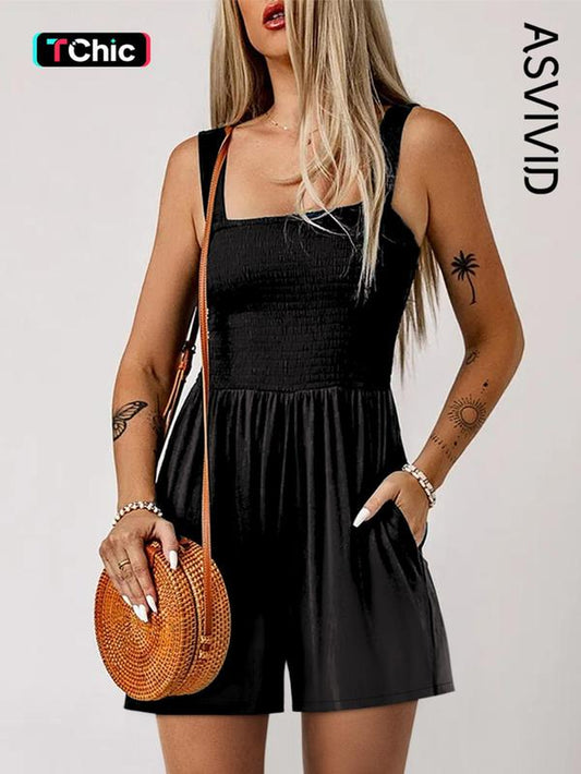 Women'S Plain Pocket Shirred Tank Romper, Fashion Casual Basic Fitted Square Neck Sleeveless Romper for Daily Outdoor Wear, Womenswear, Ladies Clothes for Summer