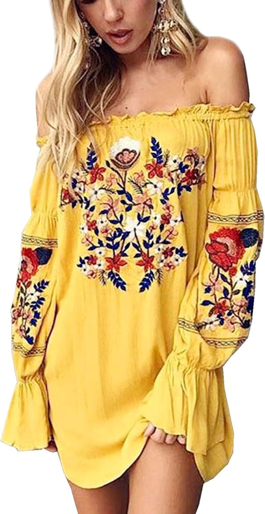 Womens Floral Embroidered off Shoulder Long Sleeve Short Dresses