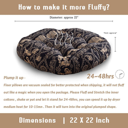 Boho round Floor Seat Pillows Cushions 22" X 22", Soft Cotton Linen Bohemian Yoga Mandala Meditation Pouf Tatami Floor Pillow Cushion for Living Room Adults & Kids Casual Reading Nooks,Elephant B