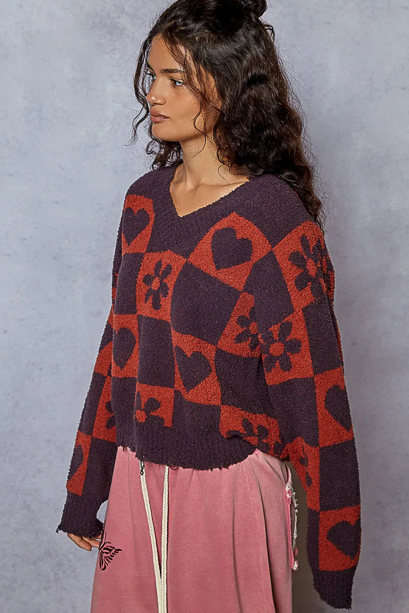 Garden Naked V-Neck Heart Pattern Checkered Sweater