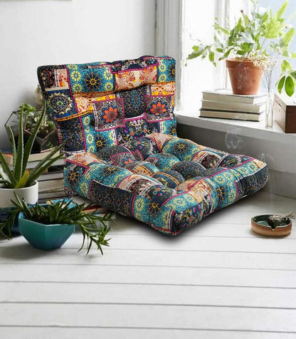Boho Square Floor Seat Pillows Cushions 22" X 22", Soft Cotton Linen Bohemian Yoga Mandala Meditation Pouf Tatami Floor Pillow Cushion for Living Room Adults & Kids Casual Reading Nooks,Flowers Beige