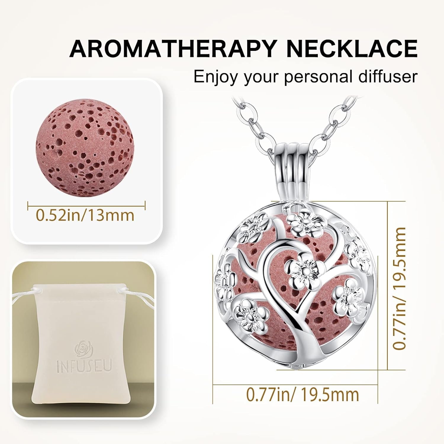 Sakura Tree Aromatherapy Necklace, Essential Oils Diffuser Locket Pendant with 7 PCS Lava Rock Stones and 24" Link Chain