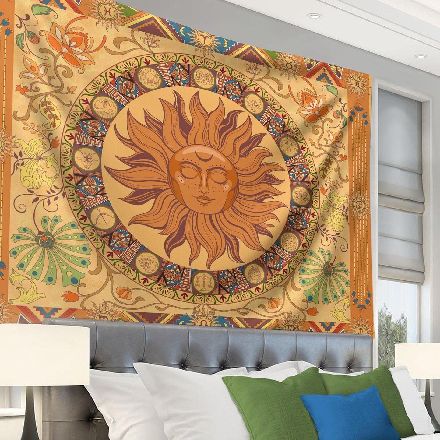 Hippie Tapestry Burning the Sun Tapestry Hippie, Zodiac Tapestries Astrology Tapestry for Bedroom Aesthetic, Flower Tapestry Wall Hanging,Orange Zodiac Sign Tapestry Flowers Vintage Tapestry