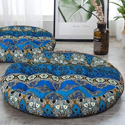 Boho Floor Pillow, Bohemian Patchwork Style Meditation Pillow round Seat Cushion Yoga Cushion India Seating Pad for Living Room Bedroom Balcony Garden, 22 Inch, Blue