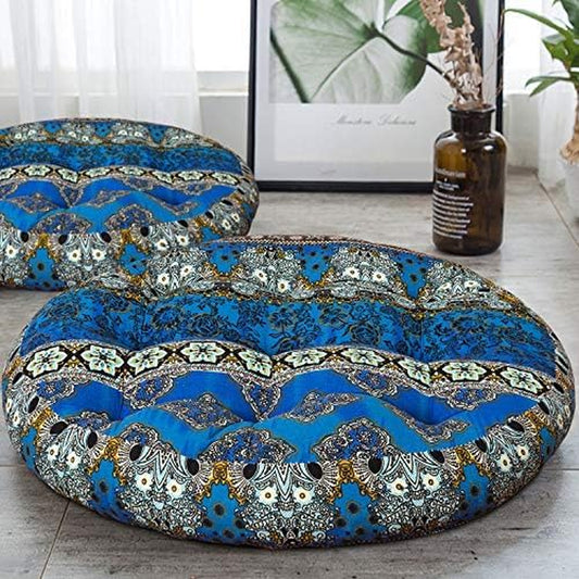 Boho Floor Pillow, Bohemian Patchwork Style Meditation Pillow round Seat Cushion Yoga Cushion India Seating Pad for Living Room Bedroom Balcony Garden, 22 Inch, Blue