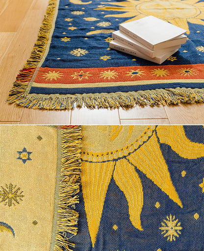 Sun and Moon Stars Hippie Throw Blanket Celestial Tapestry Double-Sided Reversible Woven Cotton Home Decor Bedding Chair Couch Recliner Cover Loveseat Rug Oversized Tassels Blue Yellow (91X71)