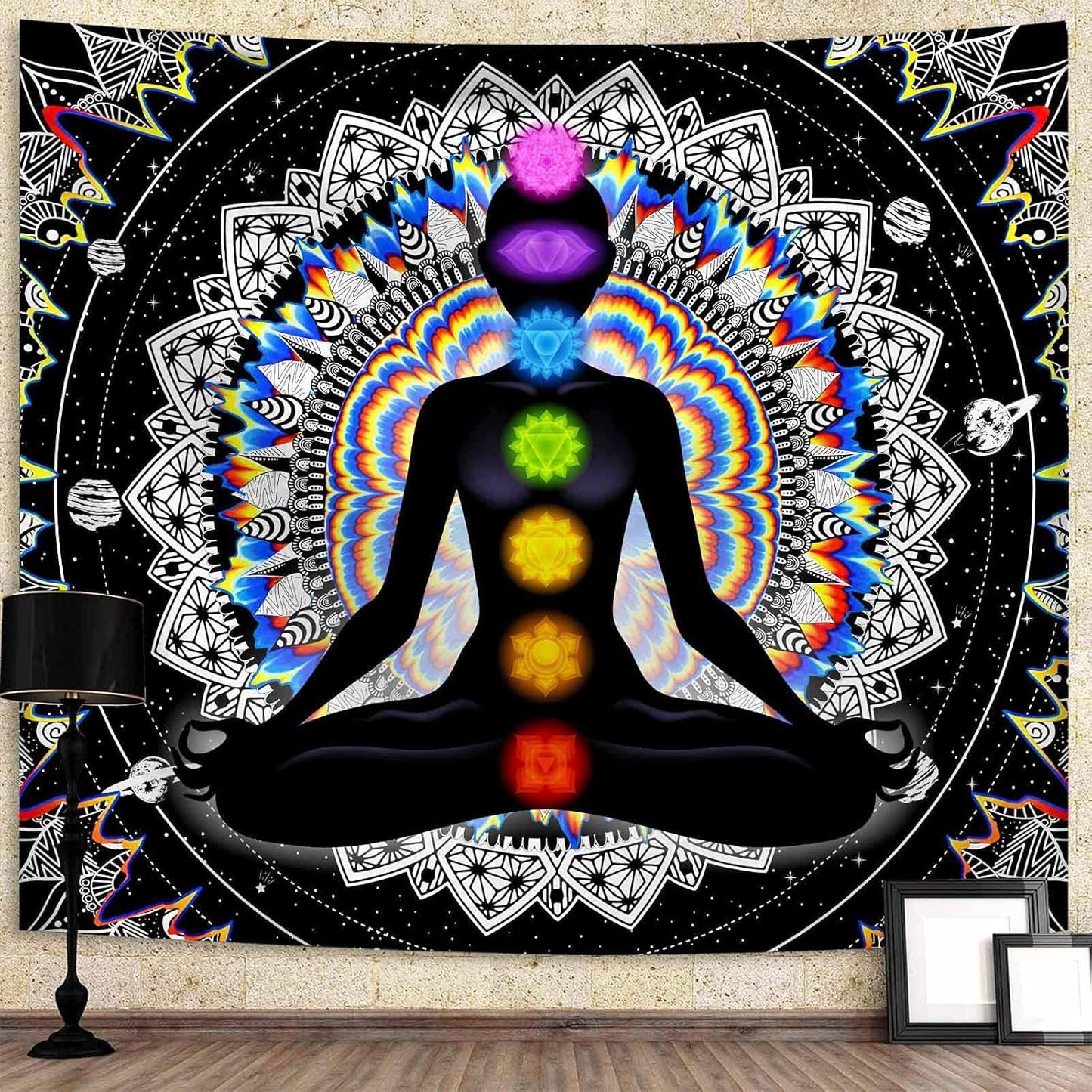 Seven Chakra Tapestry Mandala Tapestry Trippy Black and White Tapestry Celestial Space Tapestry Boho Yoga Meditation Wall Hanging Tapestry for Bedroom Home Decor (H29.5 X W39.4)