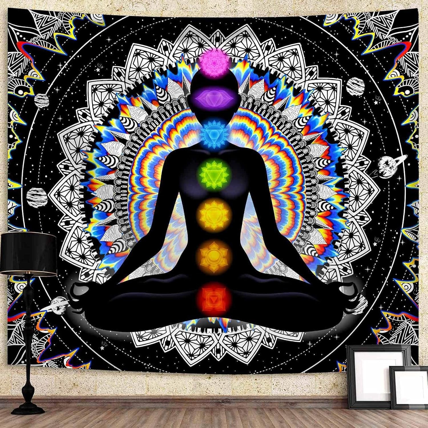 Seven Chakra Tapestry Mandala Tapestry Trippy Black and White Tapestry Celestial Space Tapestry Boho Yoga Meditation Wall Hanging Tapestry for Bedroom Home Decor (H29.5 X W39.4)