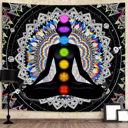 Seven Chakra Tapestry Mandala Tapestry Trippy Black and White Tapestry Celestial Space Tapestry Boho Yoga Meditation Wall Hanging Tapestry for Bedroom Home Decor (H29.5 X W39.4)