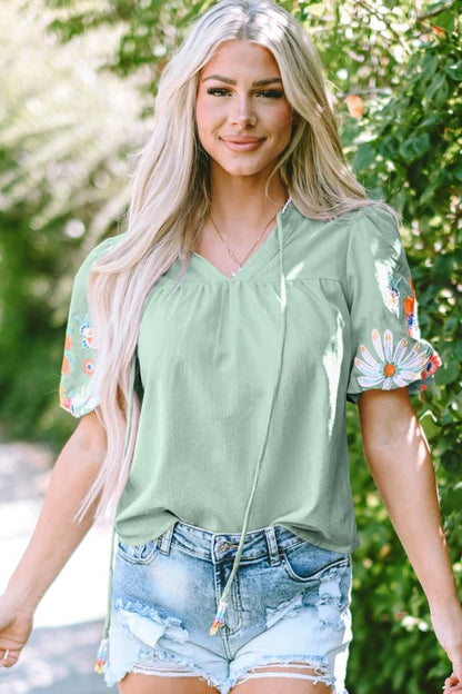 Reya Floral Embroidered Puff Sleeve Split Neck Blo