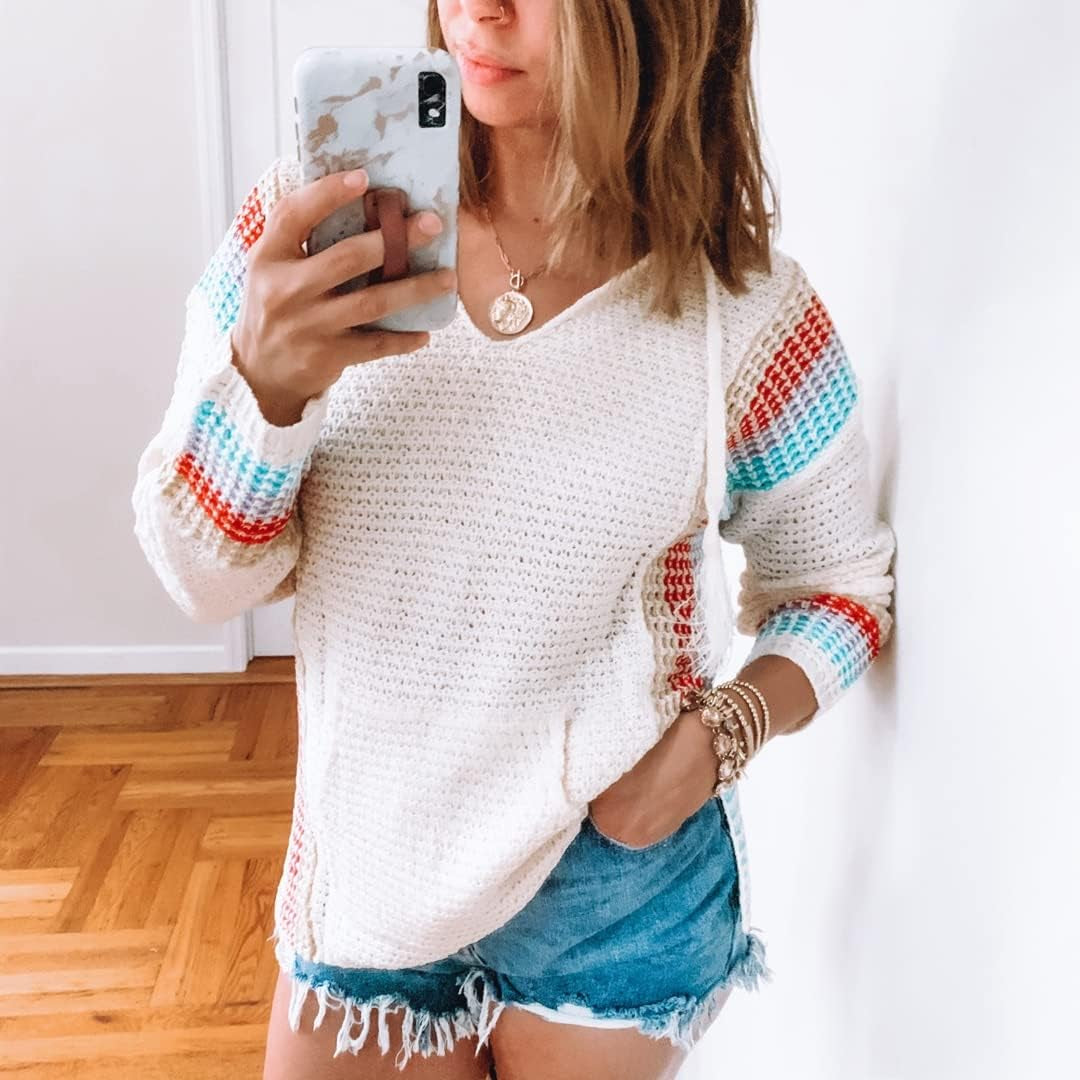 Women Boho Sweater Hooded Hoodie Baja Colorblock Pullover Striped V Neck Mexican Knit Christmas Sweatshirt