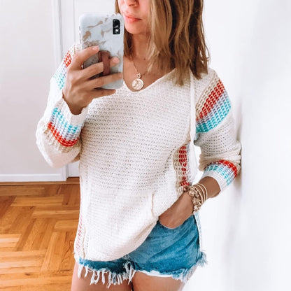 Women Boho Sweater Hooded Hoodie Baja Colorblock Pullover Striped V Neck Mexican Knit Christmas Sweatshirt