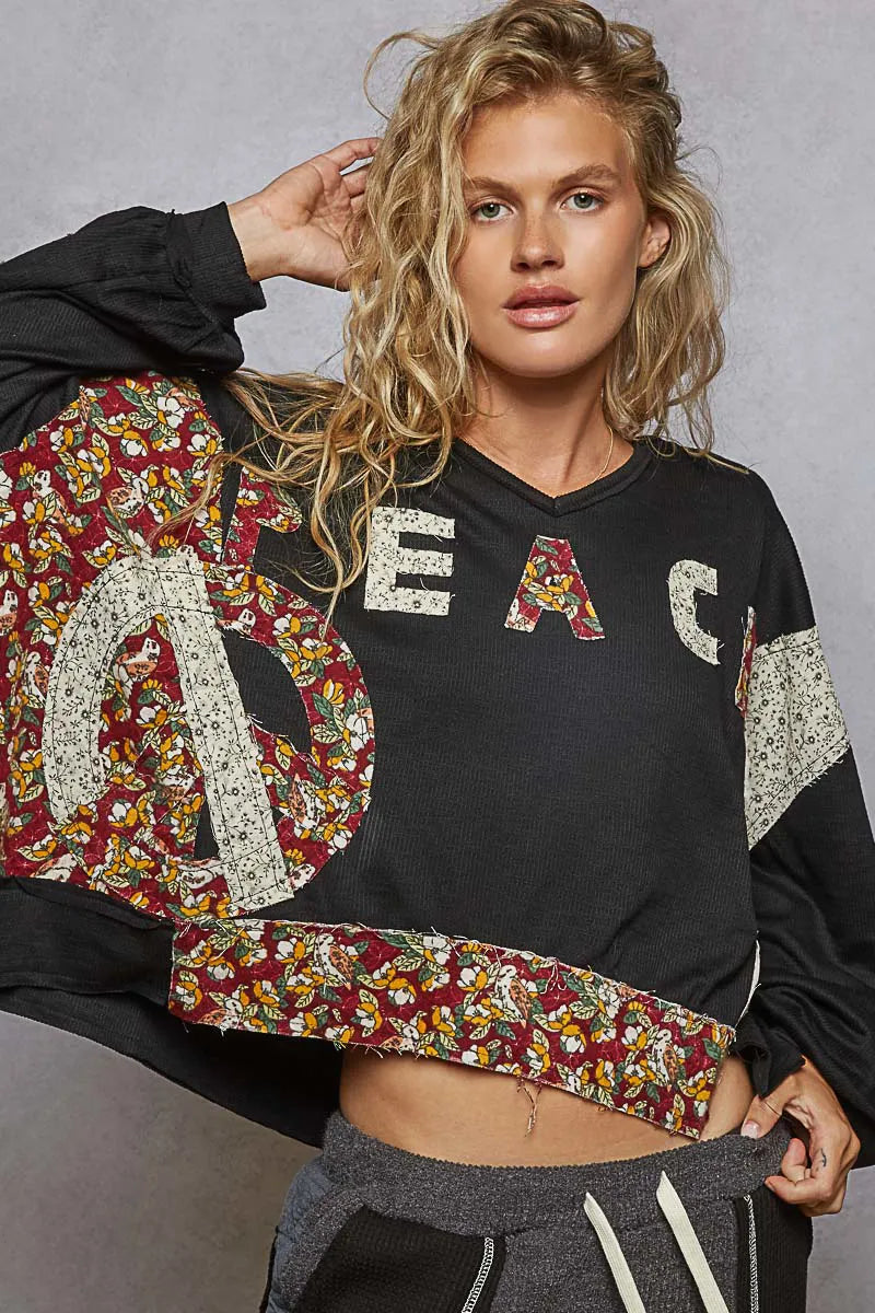 POL Peace Patch Floral Long Sleeve Hoodie
