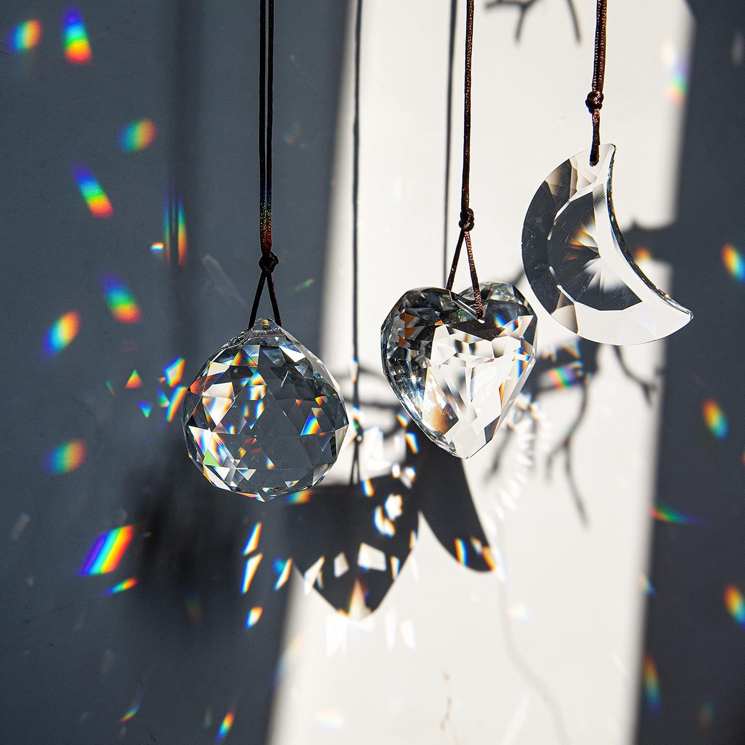 Clear Suncatcher Crystal Prism Ball Heart Moon Window Decor Ornament,Hanging Crystals Prisms for Car Garden,Pack of 3