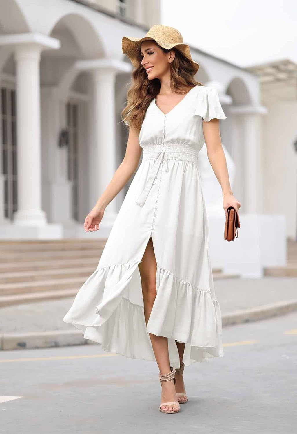 Women'S Summer Casual Long Vacation Dress Tie Waist Loose Swing Dress S Y-White