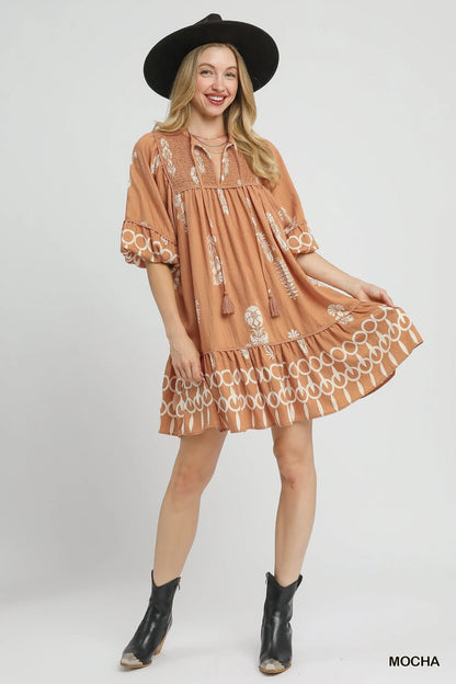 Boarder Print Tassel Tie Neck Mini Dress