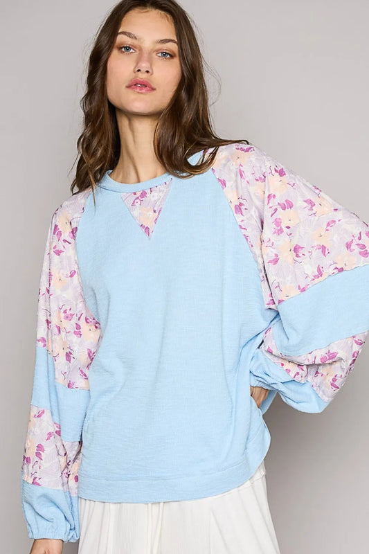 POL Clothing Round Neck Balloon Floral Long Sleeve Womens Top