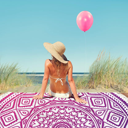 Round Beach Towels 59 Inch Oversized for Adults Women Microfiber Boho Aesthetic Mandala Fast Quick Drying Absorbent Blanket Sand Free/Proof for Pool Travel Camping Outdoor with Fringe Tassels,Purple