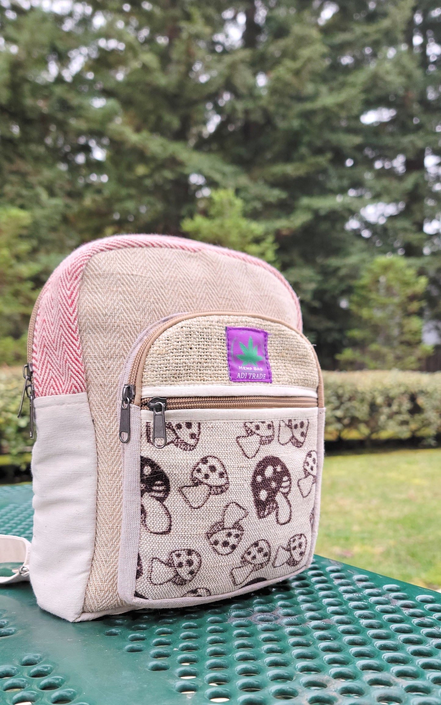 Natural Handmade Mini Hemp Backpack, Eco-Friendly Stylish Unisex Casual Backpack for Hiking, Traveling and Many More (Mushroom Red)