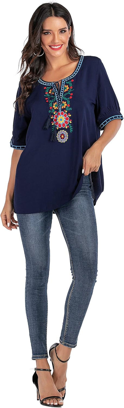 Women'S Summer Boho Embroidered Mexican Bohemian Tops Tassel Short Sleeve Casual Blouse