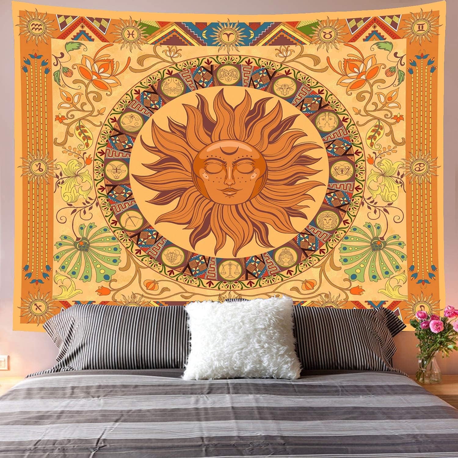 Hippie Tapestry Burning the Sun Tapestry Hippie, Zodiac Tapestries Astrology Tapestry for Bedroom Aesthetic, Flower Tapestry Wall Hanging,Orange Zodiac Sign Tapestry Flowers Vintage Tapestry