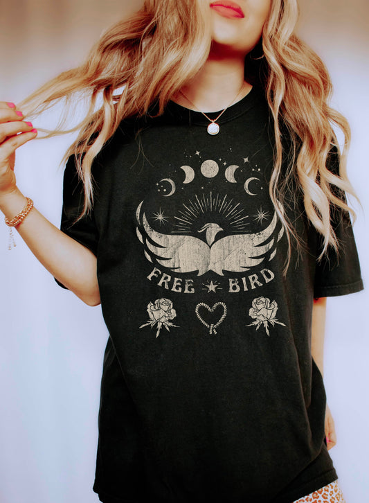 Free Bird Moon Phases and Roses Vintage Comfort Colors Tshirt