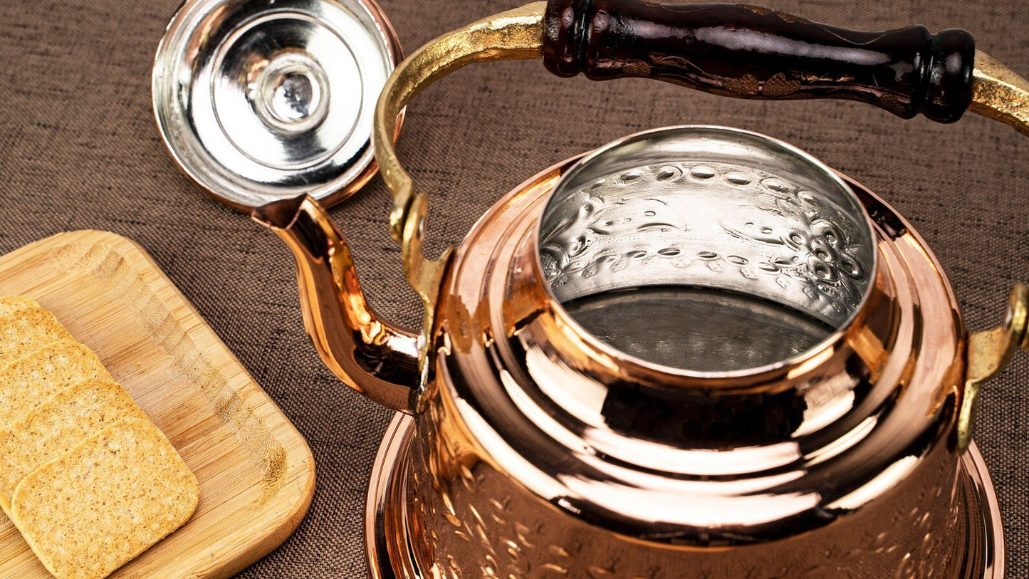 Hammered Solid Copper Teapot Stovetop with Wooden Handle – 1.6 Quart Shiny Finish Kettle