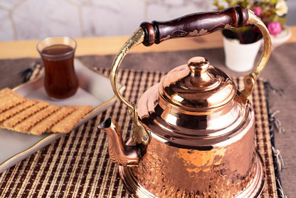 Hammered Solid Copper Teapot Stovetop with Wooden Handle – 1.6 Quart Shiny Finish Kettle