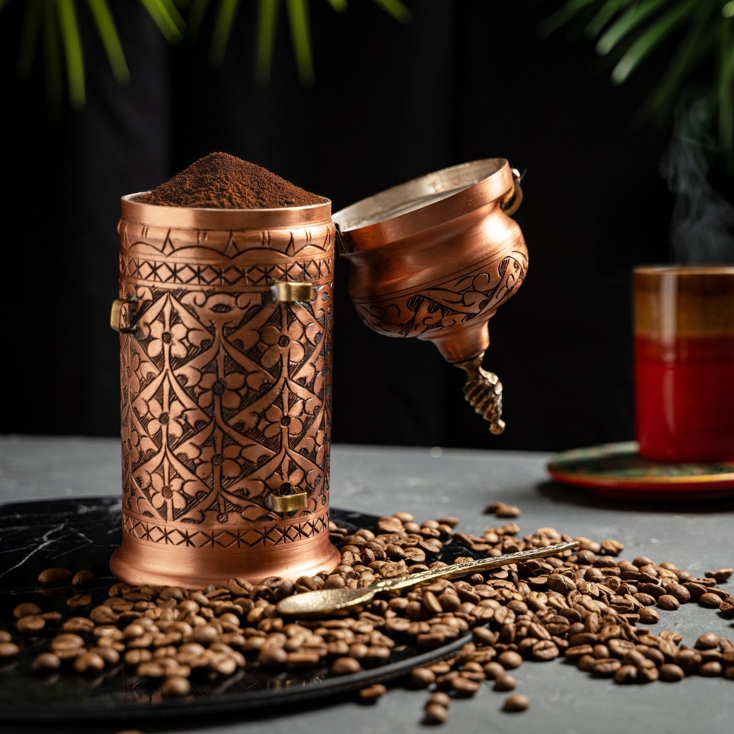 Handcrafted Copper Coffee And Spice Jar with Brass Spoon – Ornate Engraved Design