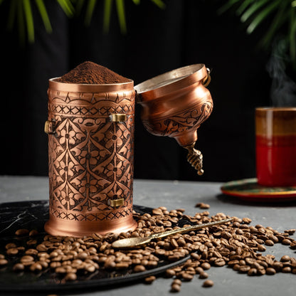 Handcrafted Copper Coffee And Spice Jar with Brass Spoon – Ornate Engraved Design