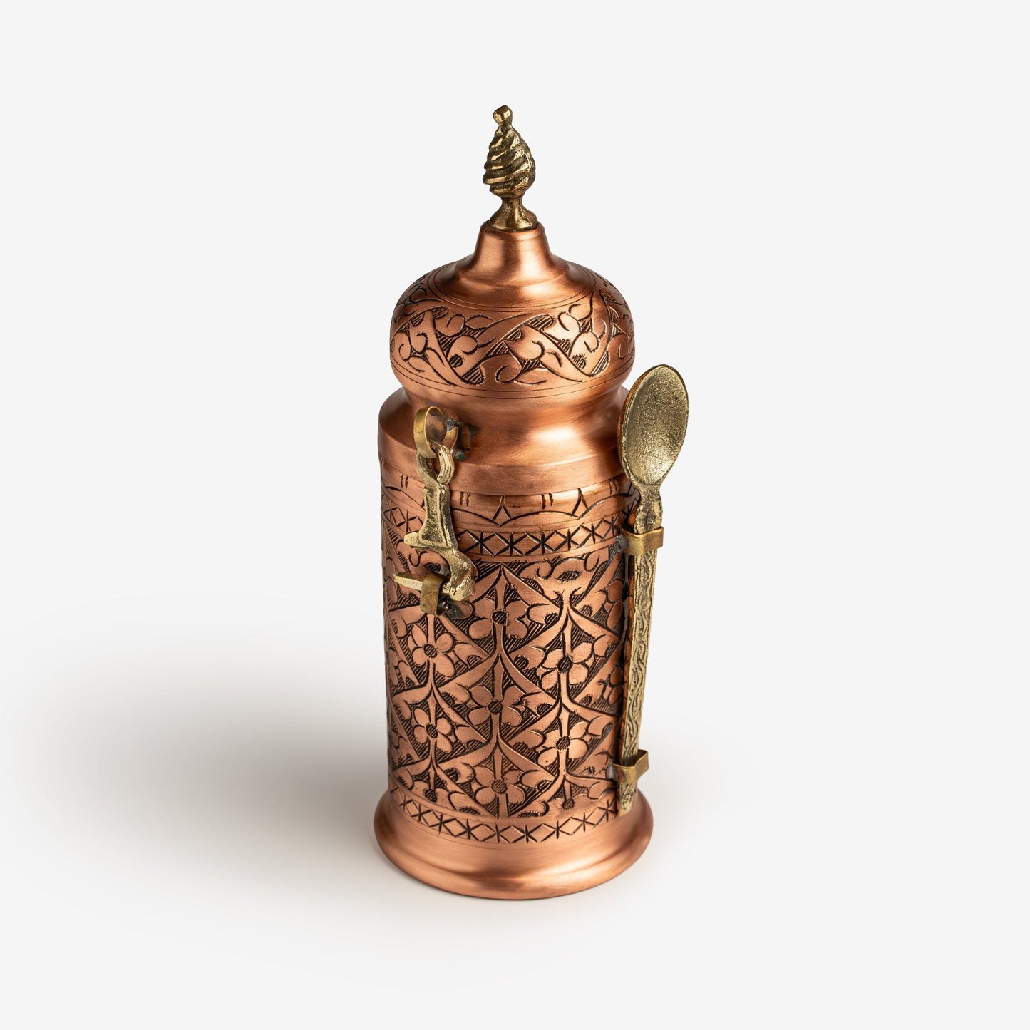 Handcrafted Copper Coffee And Spice Jar with Brass Spoon – Ornate Engraved Design