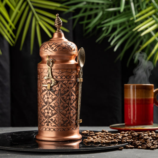 Handcrafted Copper Coffee And Spice Jar with Brass Spoon – Ornate Engraved Design