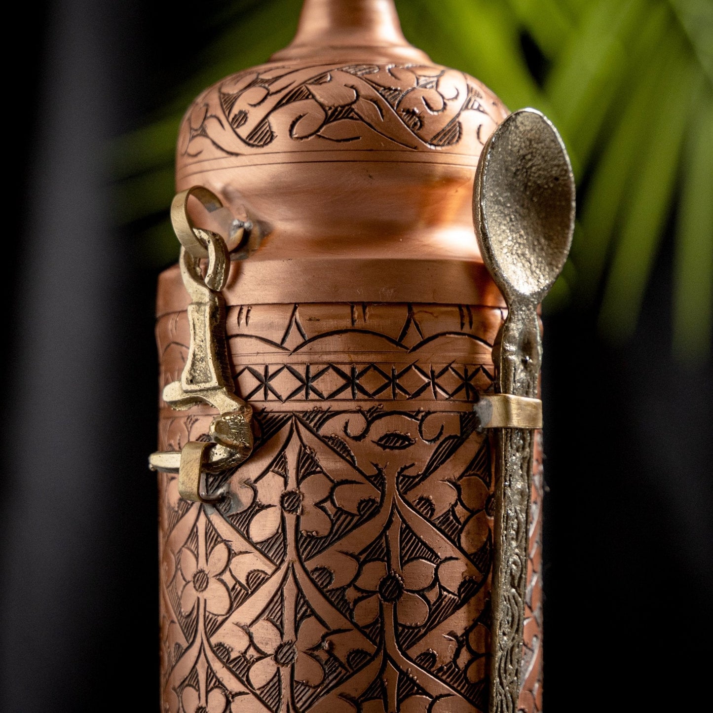 Handcrafted Copper Coffee And Spice Jar with Brass Spoon – Ornate Engraved Design