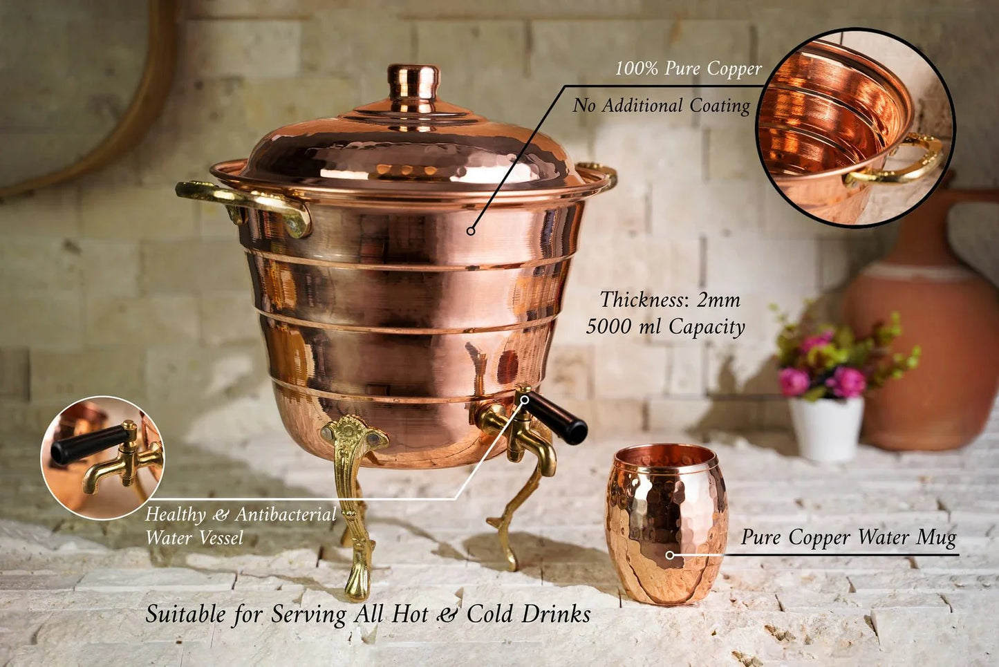 Handmade Copper Beverage Dispenser with Mug Set – 100% Solid Copper, 5L Vessel