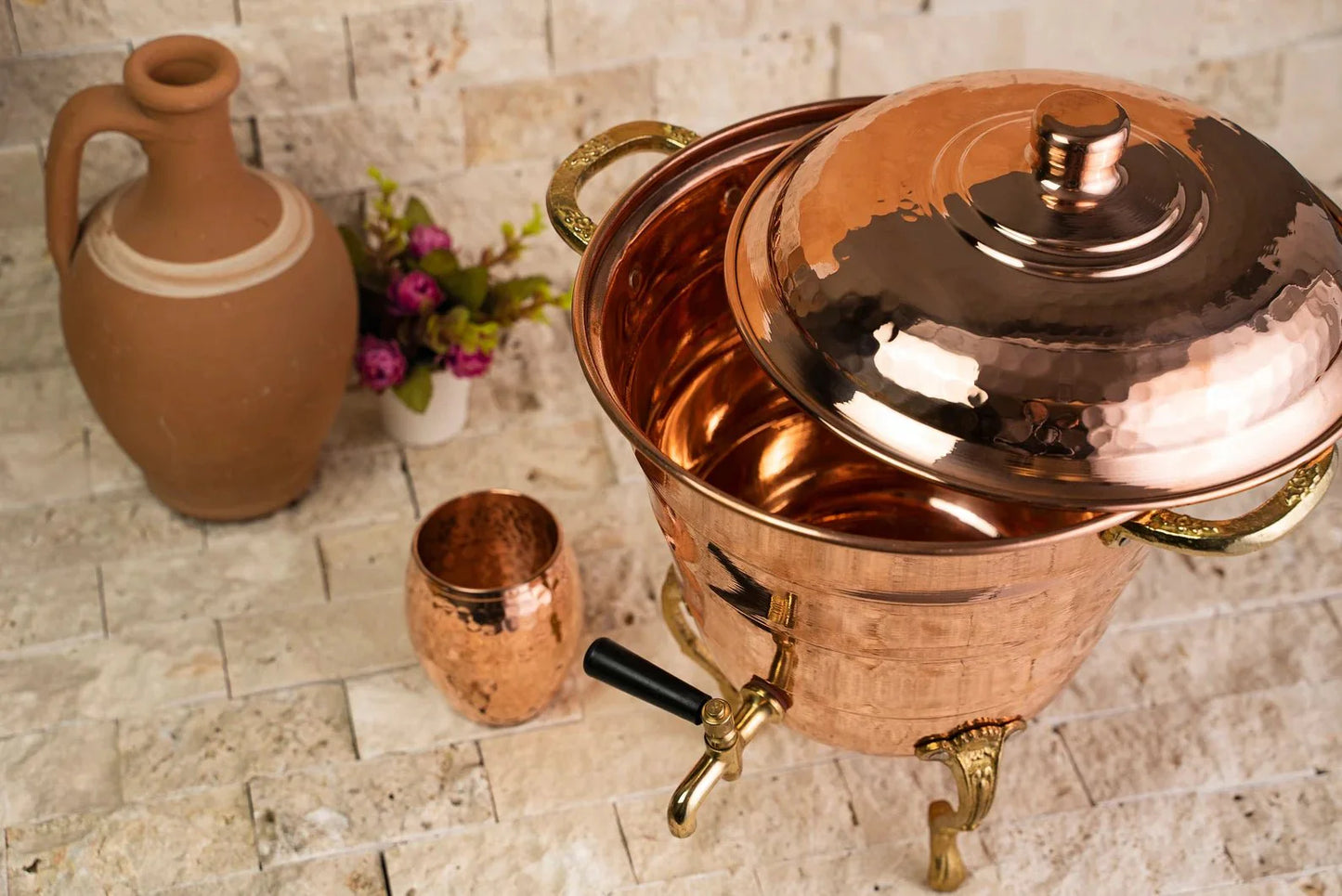 Handmade Copper Beverage Dispenser with Mug Set – 100% Solid Copper, 5L Vessel