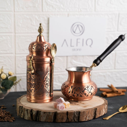 Handmade Copper Coffee Maker Set – Pot, Airtight Container & Brass Spoon