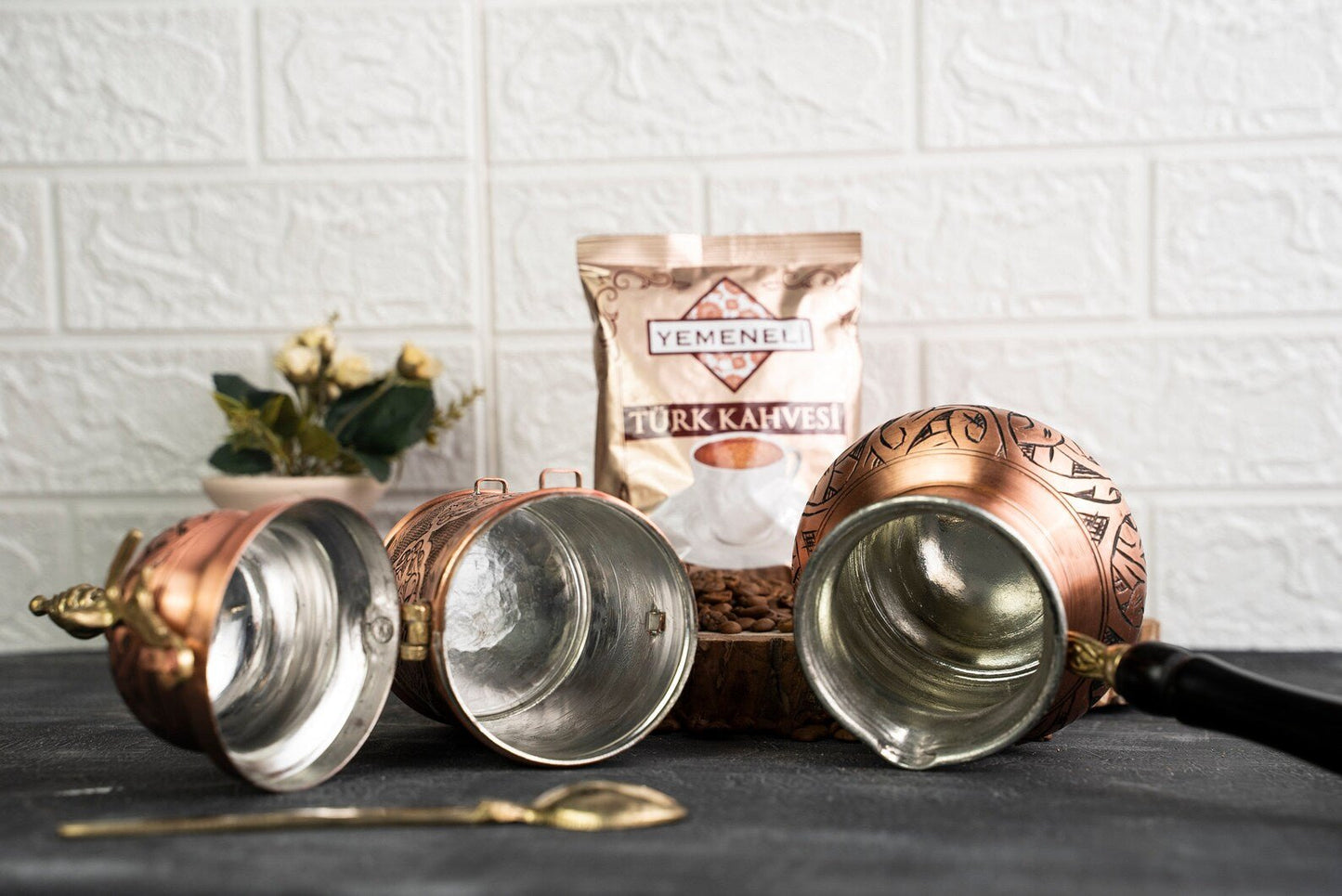 Handmade Copper Coffee Maker Set – Pot, Airtight Container & Brass Spoon