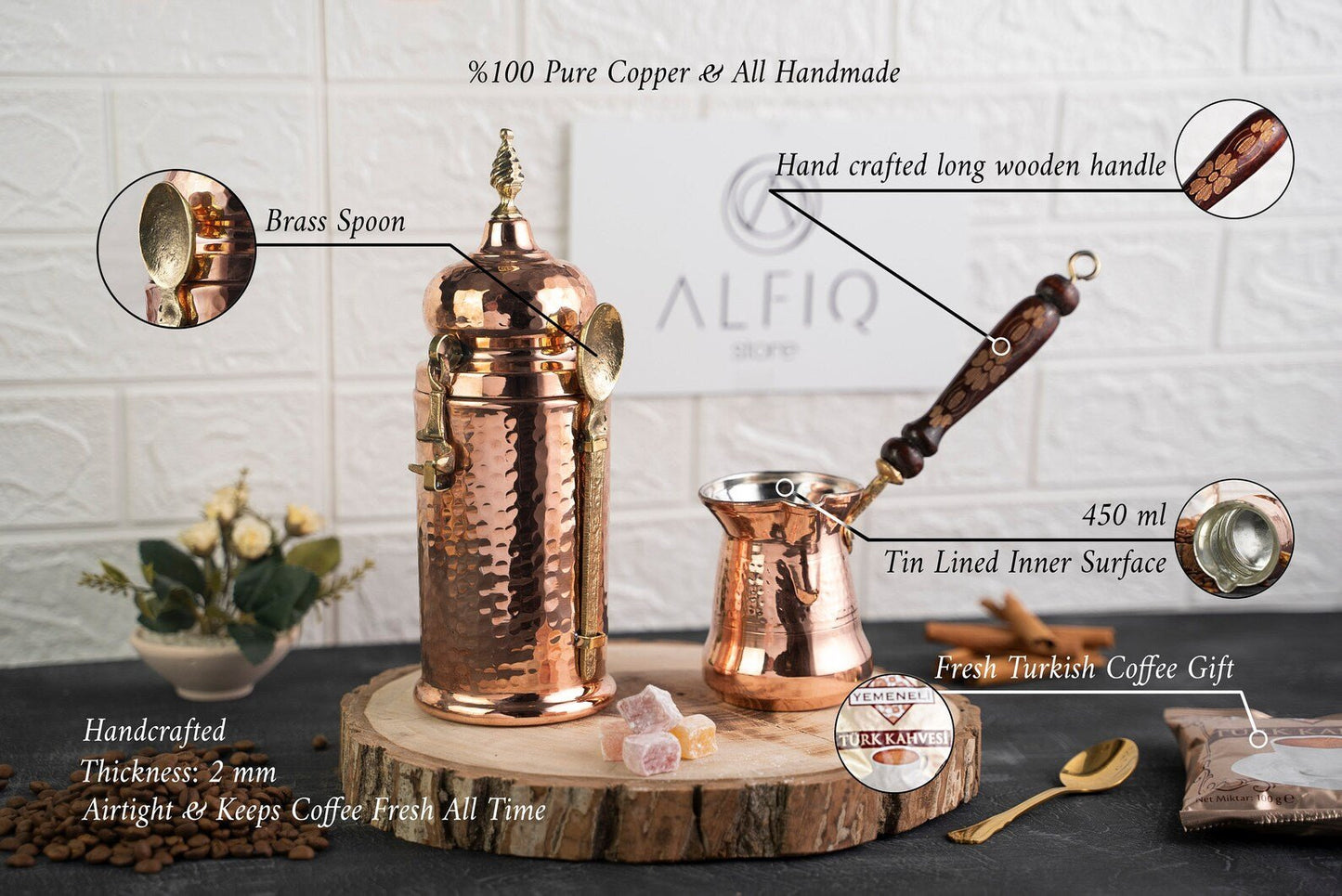Handmade Copper Coffee Maker Set – Pot, Airtight Container & Brass Spoon