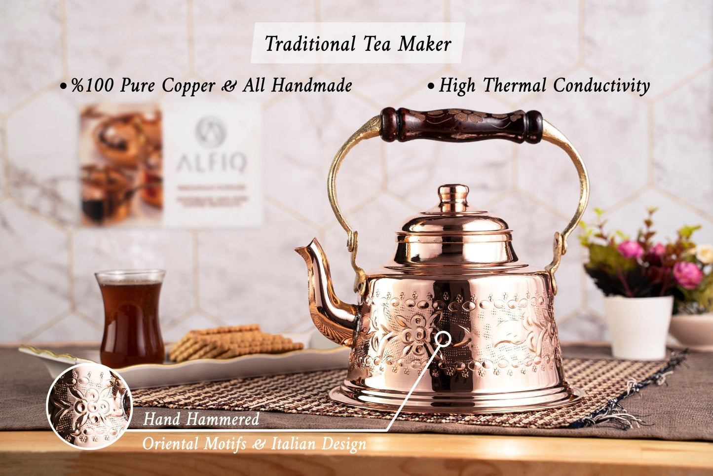 Handmade Engraved Copper Solid Copper Teapot Stovetop, 1.6 Quarts (1.5 Liter)