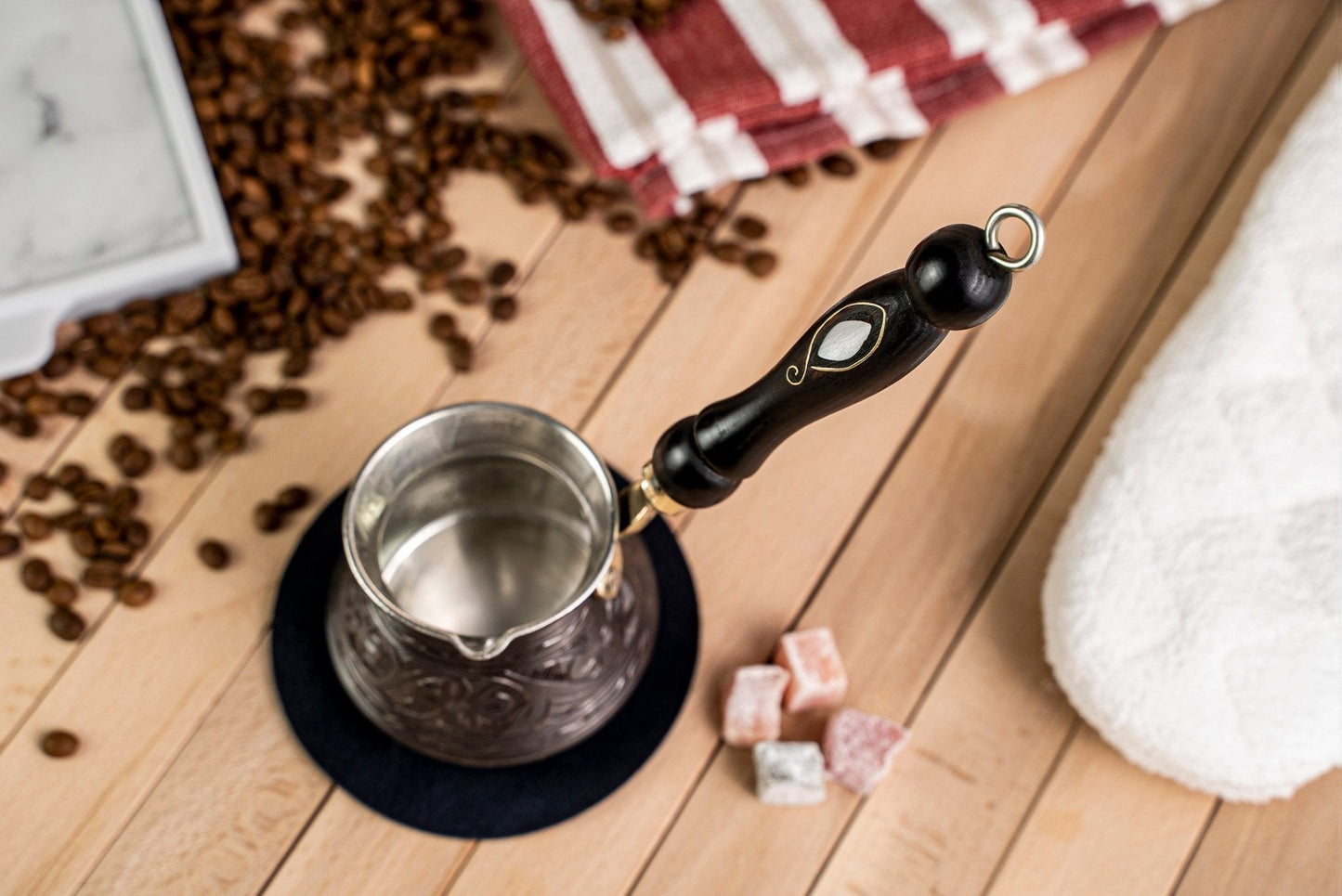 Handmade Pure Copper Turkish Coffee Pot with Wooden Handle – 400 ml Milk and Coffee Warmer