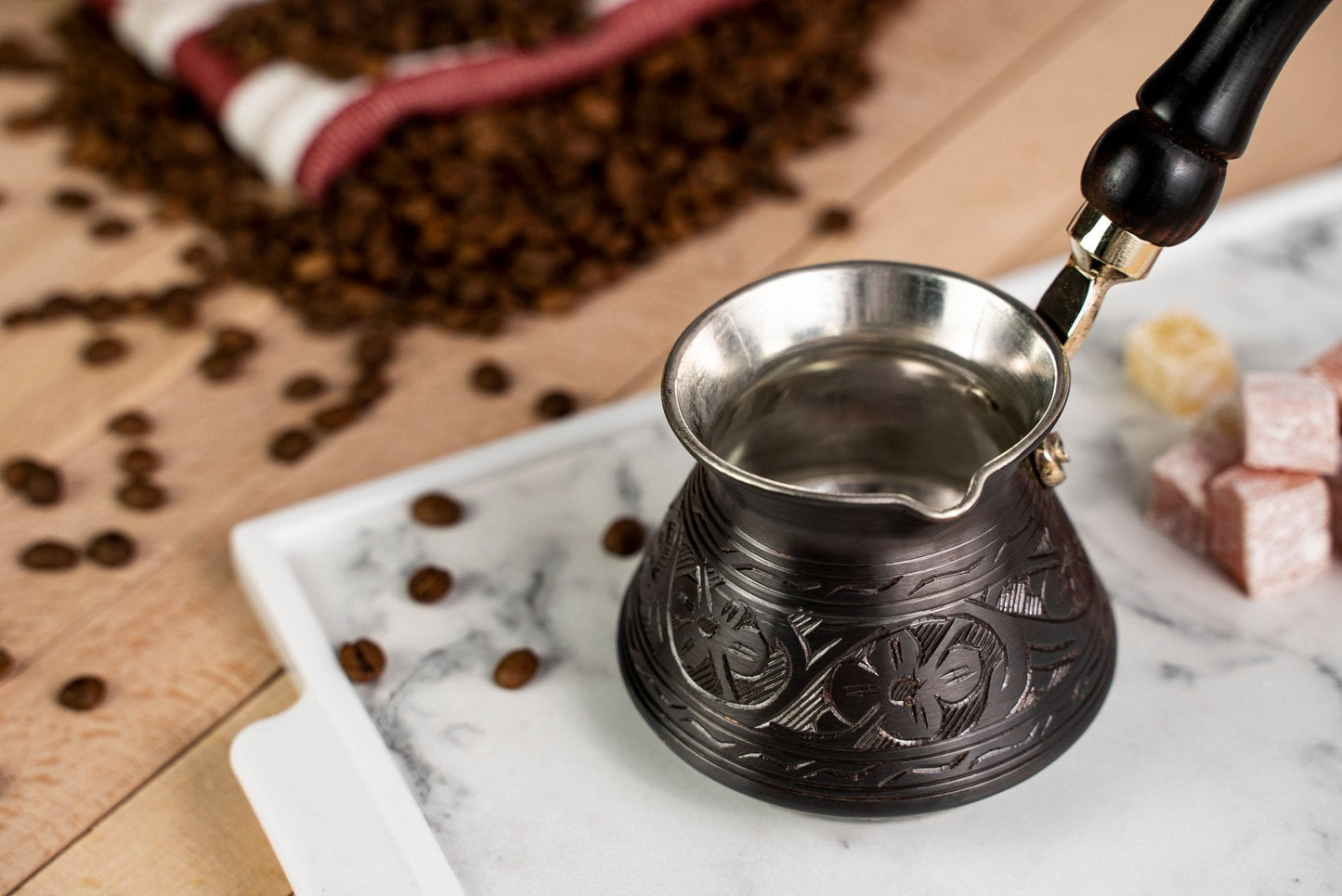 Handmade Pure Copper Turkish Coffee Pot with Wooden Handle – 400 ml Milk and Coffee Warmer