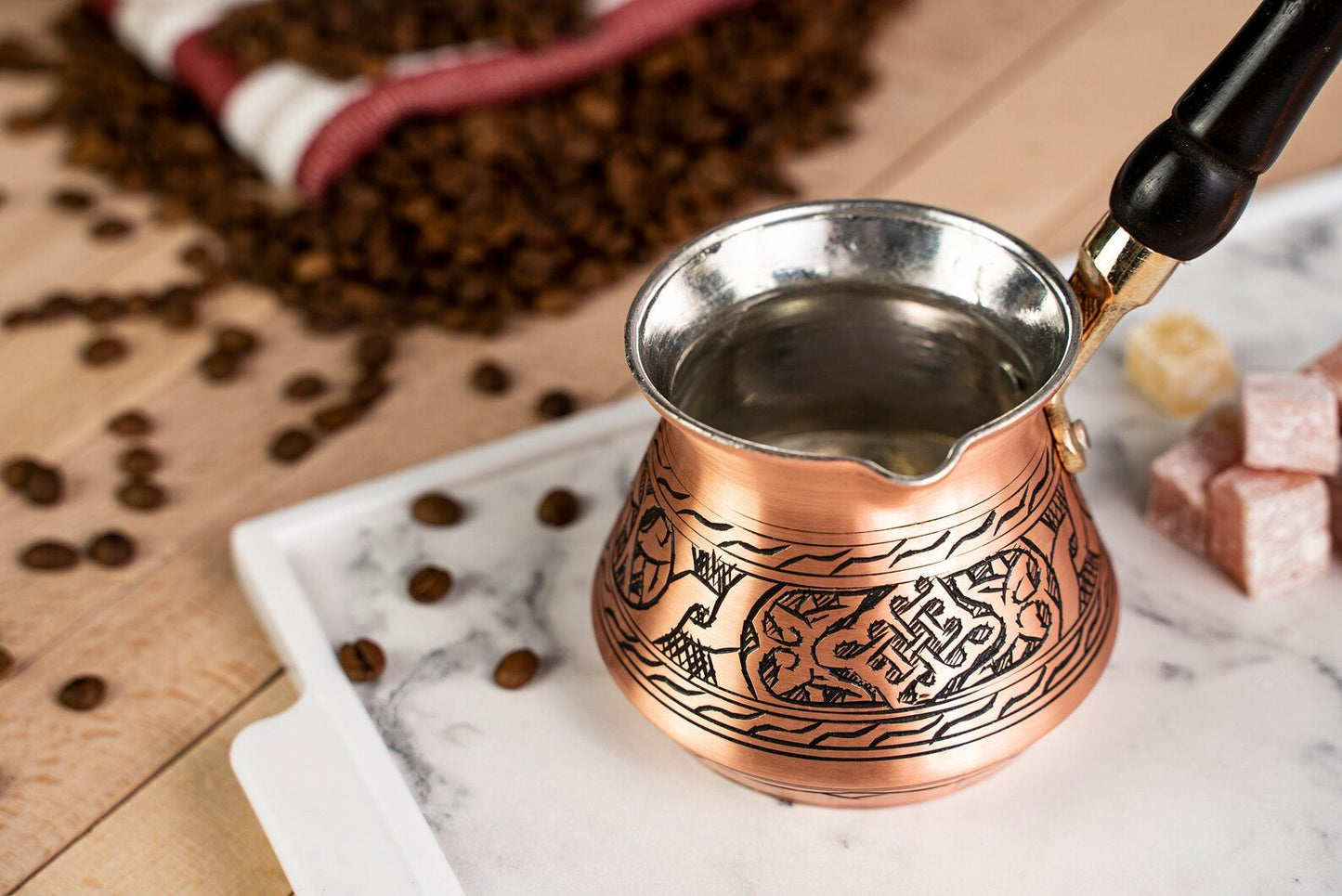 Handmade Pure Copper Turkish Coffee Pot with Wooden Handle – 400 ml Milk and Coffee Warmer