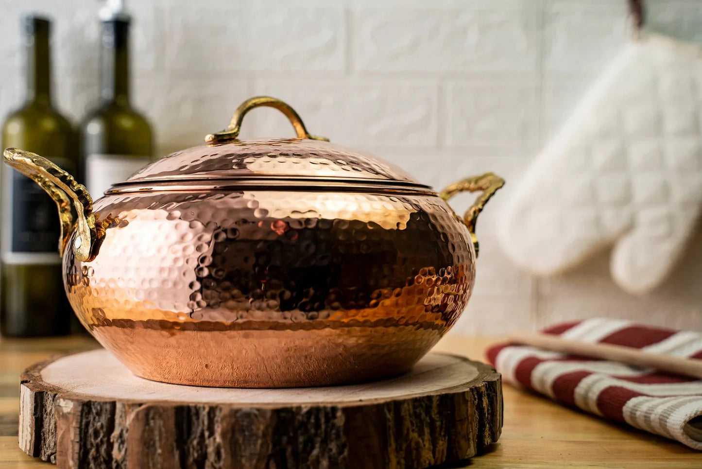 Handmade Solid Copper Cooking Pot with Lid & Brass Handle – Heavy Duty Casserole