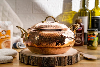 Handmade Solid Copper Cooking Pot with Lid & Brass Handle – Heavy Duty Casserole