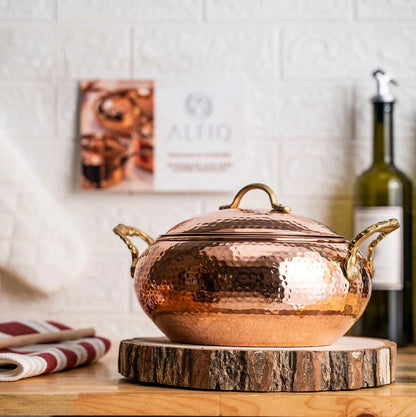 Handmade Solid Copper Cooking Pot with Lid & Brass Handle – Heavy Duty Casserole