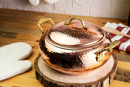 Handmade Solid Copper Cooking Pot with Lid & Brass Handle – Heavy Duty Casserole