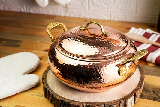 Handmade Solid Copper Cooking Pot with Lid & Brass Handle – Heavy Duty Casserole