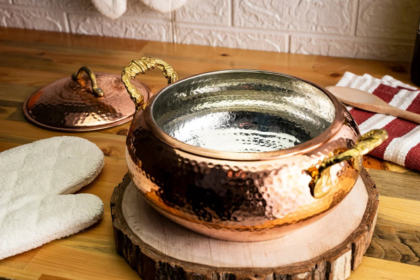Handmade Solid Copper Cooking Pot with Lid & Brass Handle – Heavy Duty Casserole