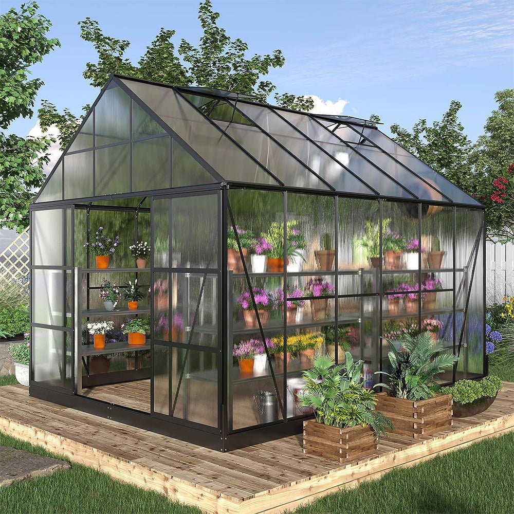 [10x12FT] Heavy Duty Outdoor Walk-In Polycarbonate Patio Greenhouse With Sliding Doors & Vents (SAK92846)